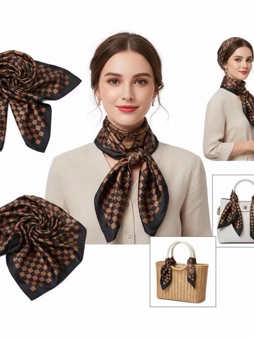 Checkerboard Satin Neck Scarf in Black & Brown